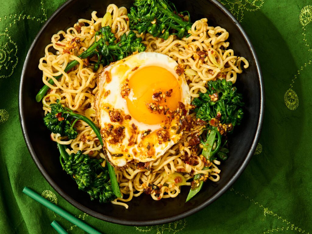 Egg-Topped Noodles with Broccolini and Chili Crisp - Maya Kaimal